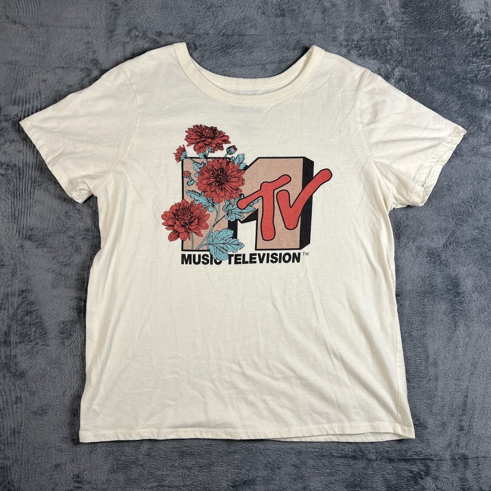 MTV T Shirt Womens Large Beige Wildflower Graphic Print Logo Cotton Short Sleeve